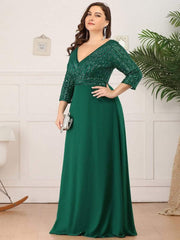 Luxurious Plus Size A-Line Sequin Formal Evening Dress with Sleeves