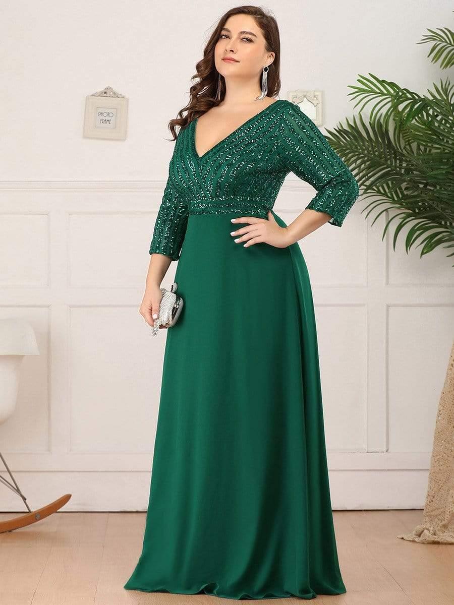 Luxurious Plus Size A-Line Sequin Formal Evening Dress with Sleeves