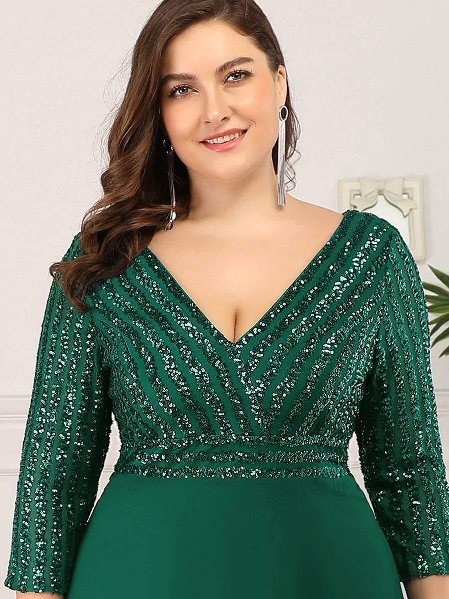 Luxurious Plus Size A-Line Sequin Formal Evening Dress with Sleeves