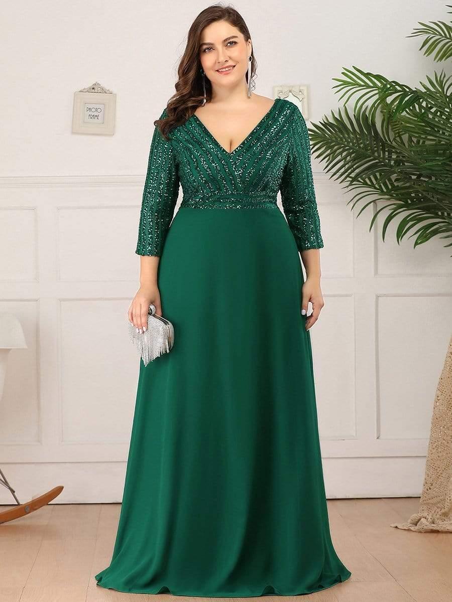 Luxurious Plus Size A-Line Sequin Formal Evening Dress with Sleeves