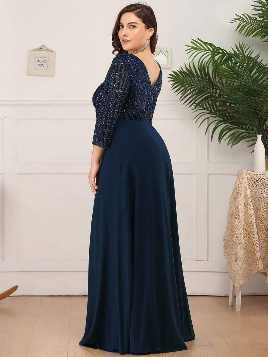 Luxurious Plus Size A-Line Sequin Formal Evening Dress with Sleeves