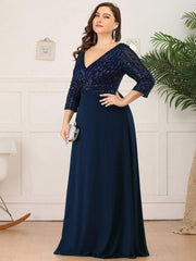 Luxurious Plus Size A-Line Sequin Formal Evening Dress with Sleeves