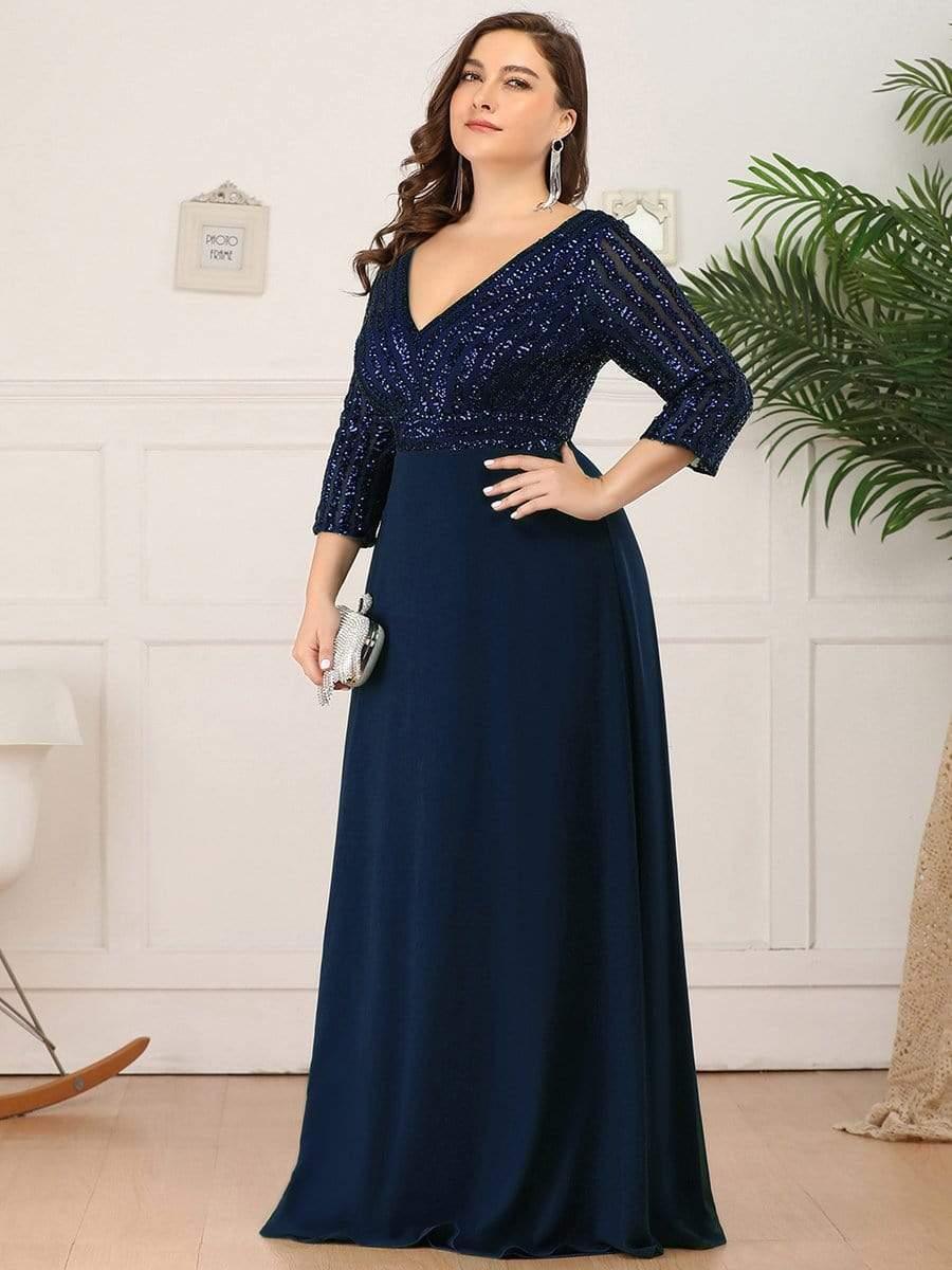 Luxurious Plus Size A-Line Sequin Formal Evening Dress with Sleeves