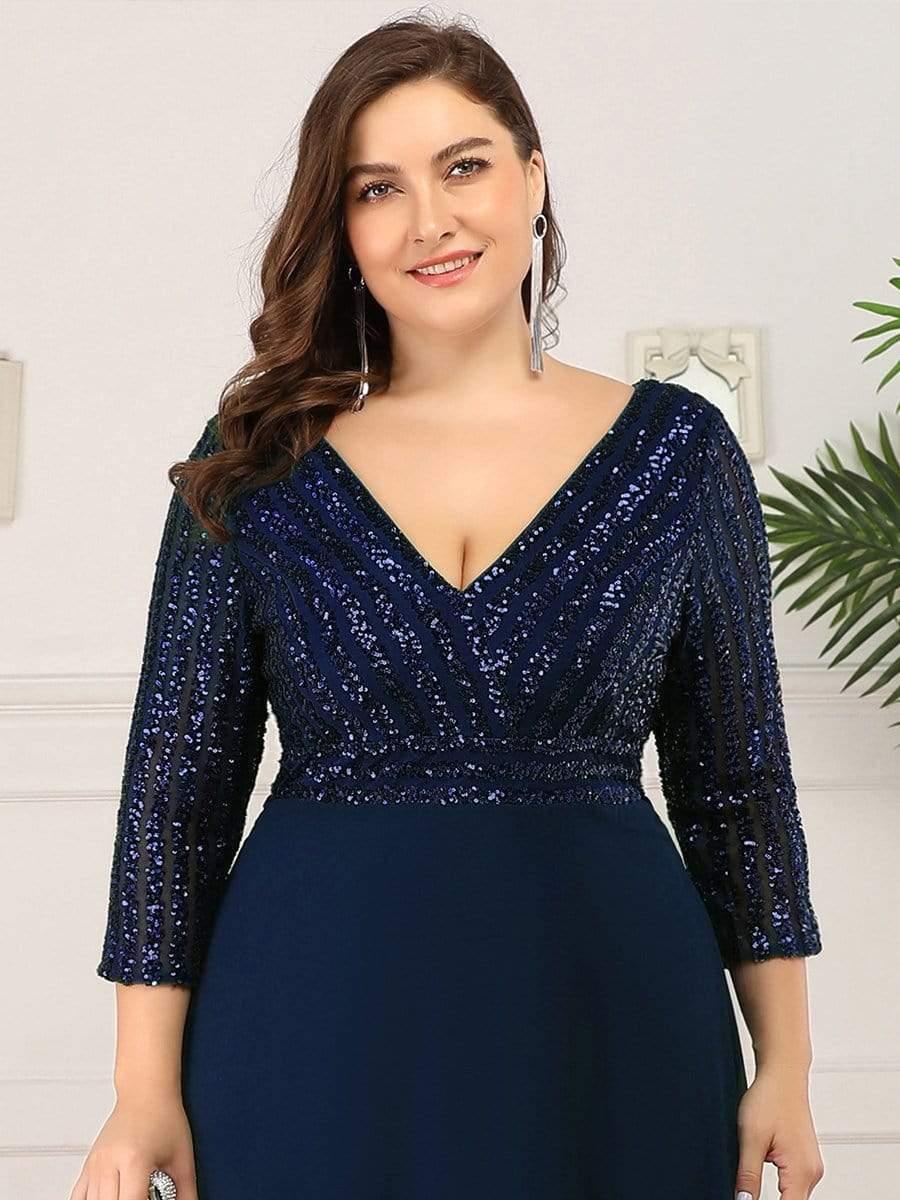 Luxurious Plus Size A-Line Sequin Formal Evening Dress with Sleeves