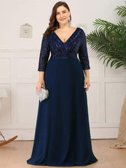 Luxurious Plus Size A-Line Sequin Formal Evening Dress with Sleeves