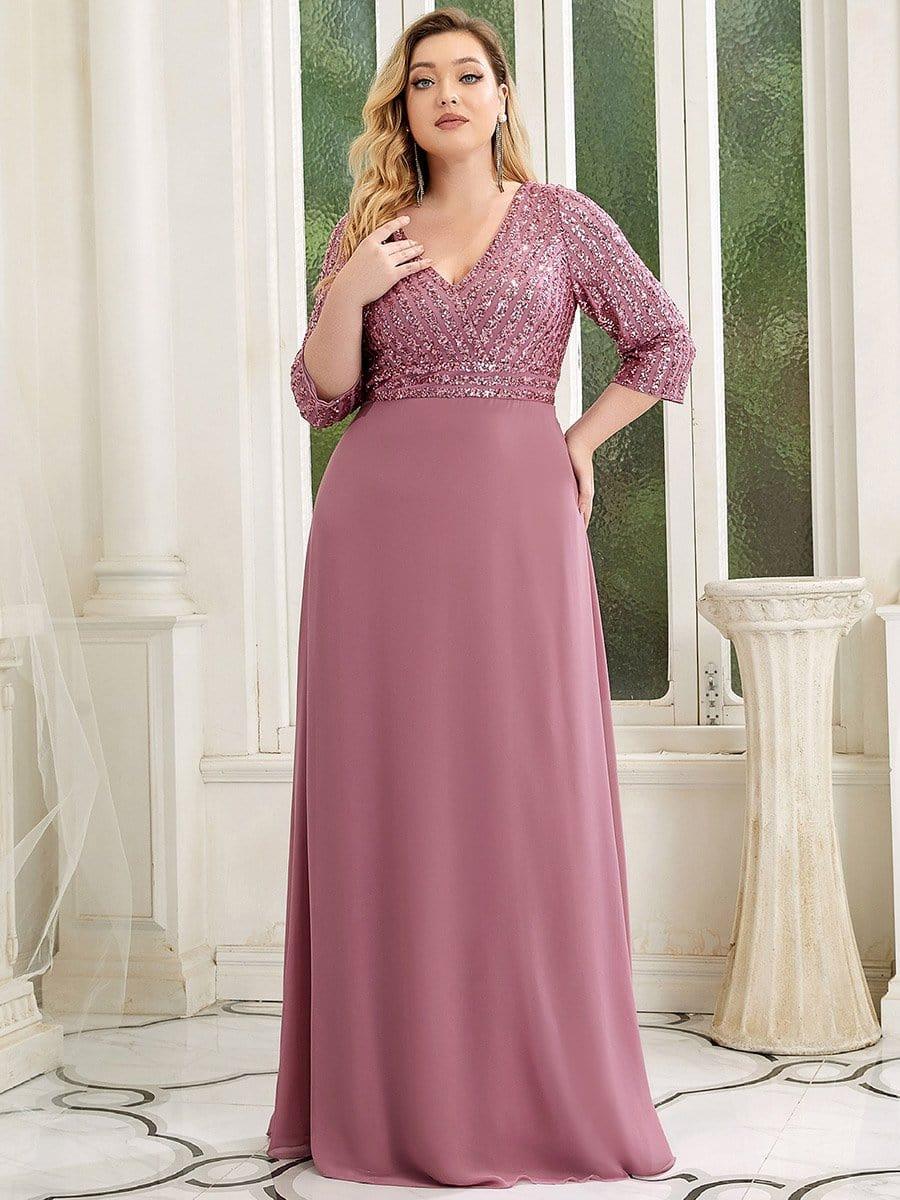 Luxurious Plus Size A-Line Sequin Formal Evening Dress with Sleeves