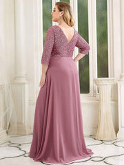 Luxurious Plus Size A-Line Sequin Formal Evening Dress with Sleeves