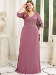 Luxurious Plus Size A-Line Sequin Formal Evening Dress with Sleeves
