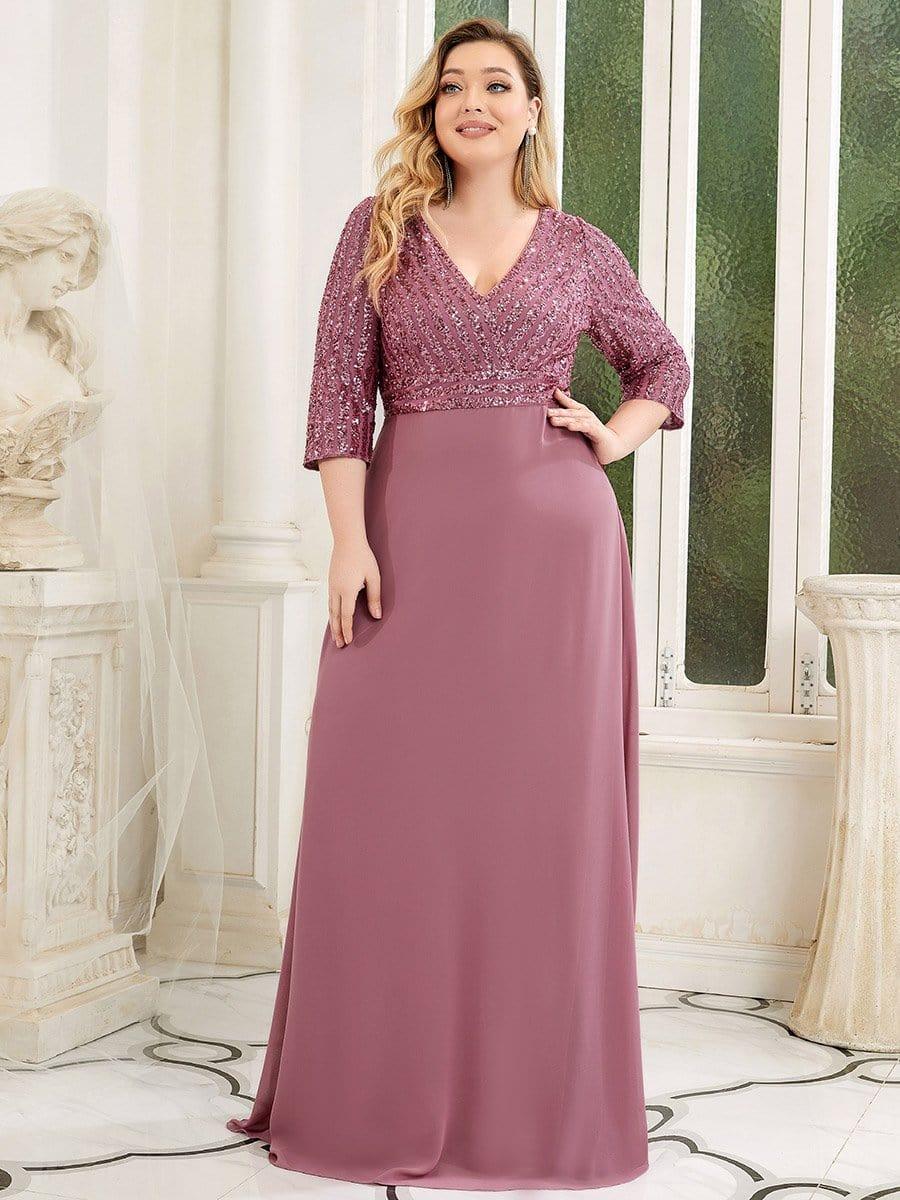 Luxurious Plus Size A-Line Sequin Formal Evening Dress with Sleeves