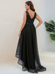 Sparkly Plus Size Hi-Lo Sequin V-Neck Tulle Evening Dresses