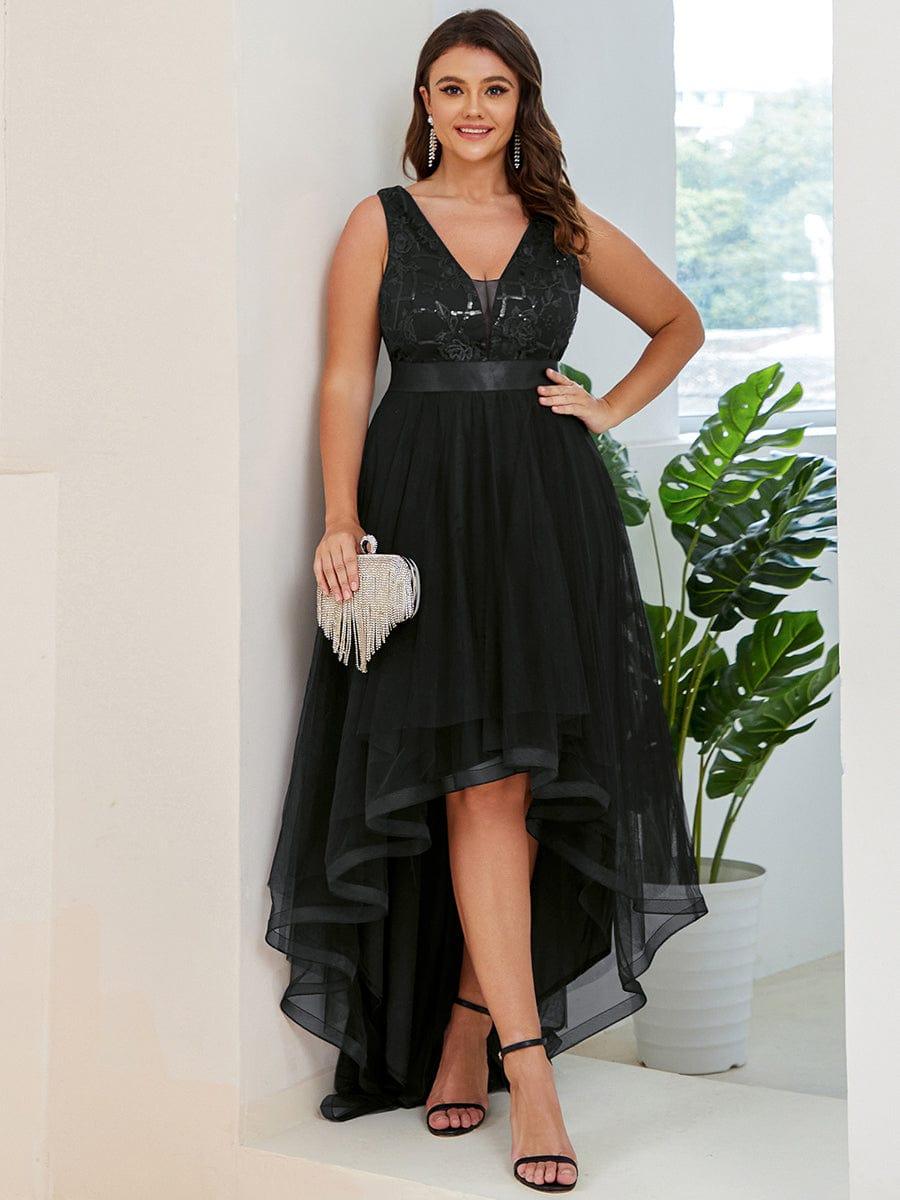 Sparkly Plus Size Hi-Lo Sequin V-Neck Tulle Evening Dresses