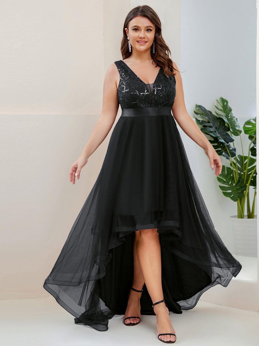 Sparkly Plus Size Hi-Lo Sequin V-Neck Tulle Evening Dresses