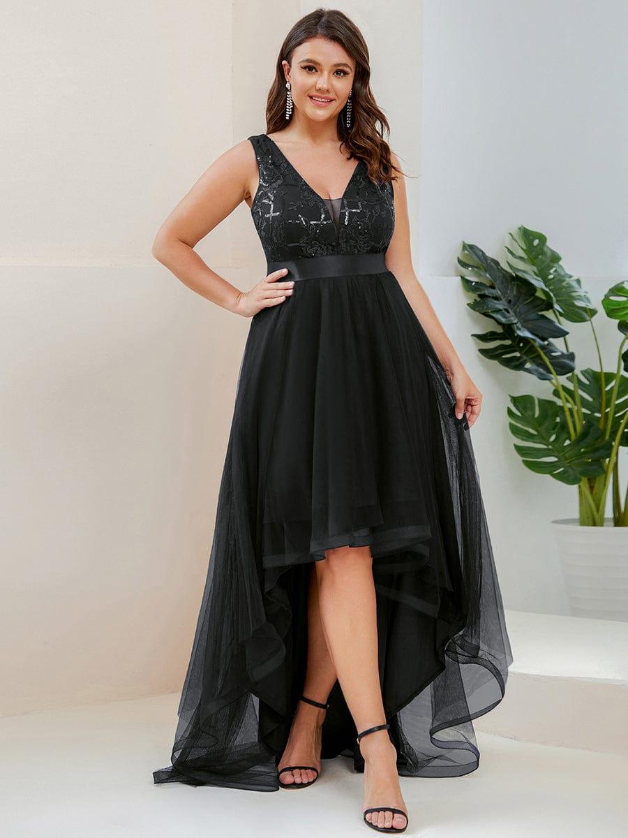 Sparkly Plus Size Hi-Lo Sequin V-Neck Tulle Evening Dresses