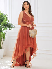 Sparkly Plus Size Hi-Lo Sequin V-Neck Tulle Evening Dresses