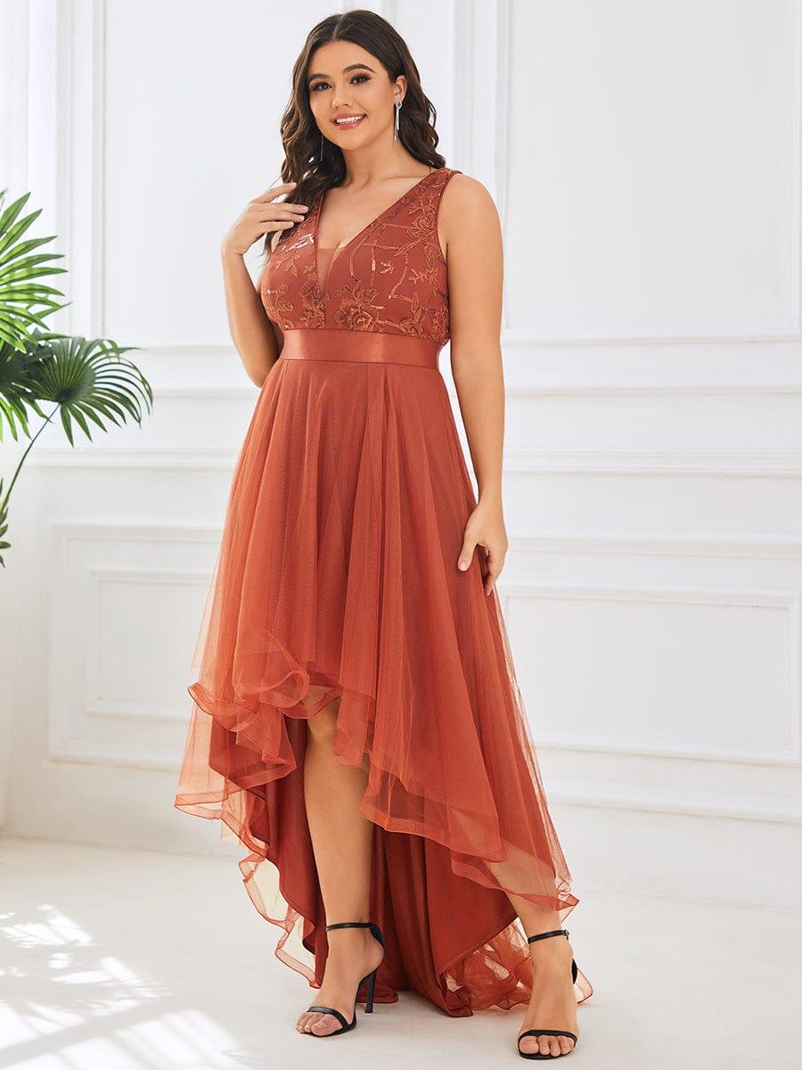 Sparkly Plus Size Hi-Lo Sequin V-Neck Tulle Evening Dresses