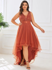 Sparkly Plus Size Hi-Lo Sequin V-Neck Tulle Evening Dresses