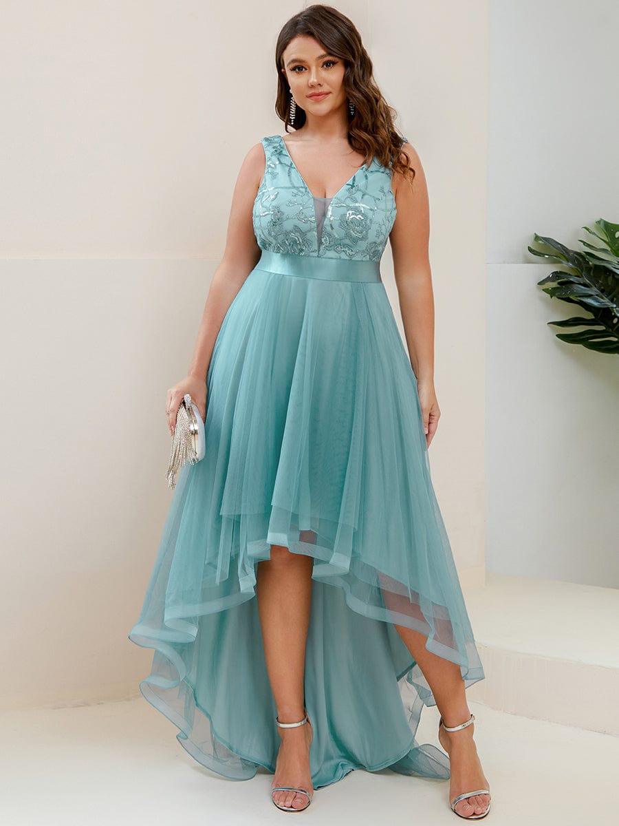 Sparkly Plus Size Hi-Lo Sequin V-Neck Tulle Evening Dresses