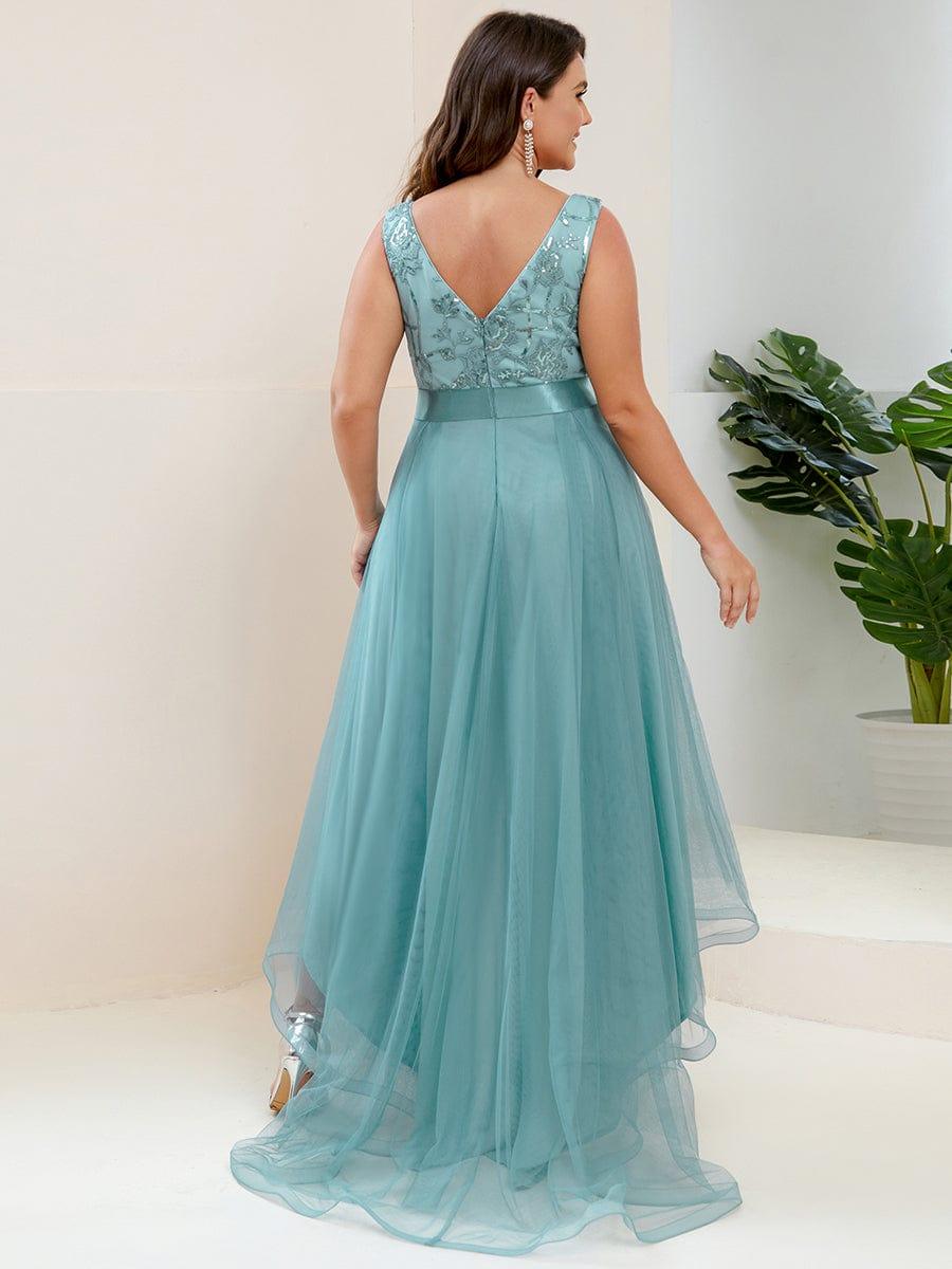 Sparkly Plus Size Hi-Lo Sequin V-Neck Tulle Evening Dresses