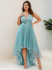 Sparkly Plus Size Hi-Lo Sequin V-Neck Tulle Evening Dresses