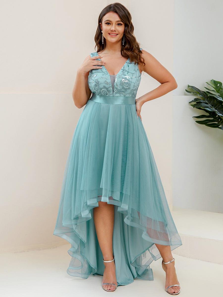 Sparkly Plus Size Hi-Lo Sequin V-Neck Tulle Evening Dresses