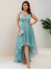 Sparkly Plus Size Hi-Lo Sequin V-Neck Tulle Evening Dresses