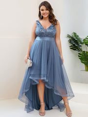 Sparkly Plus Size Hi-Lo Sequin V-Neck Tulle Evening Dresses