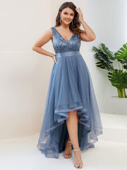 Sparkly Plus Size Hi-Lo Sequin V-Neck Tulle Evening Dresses