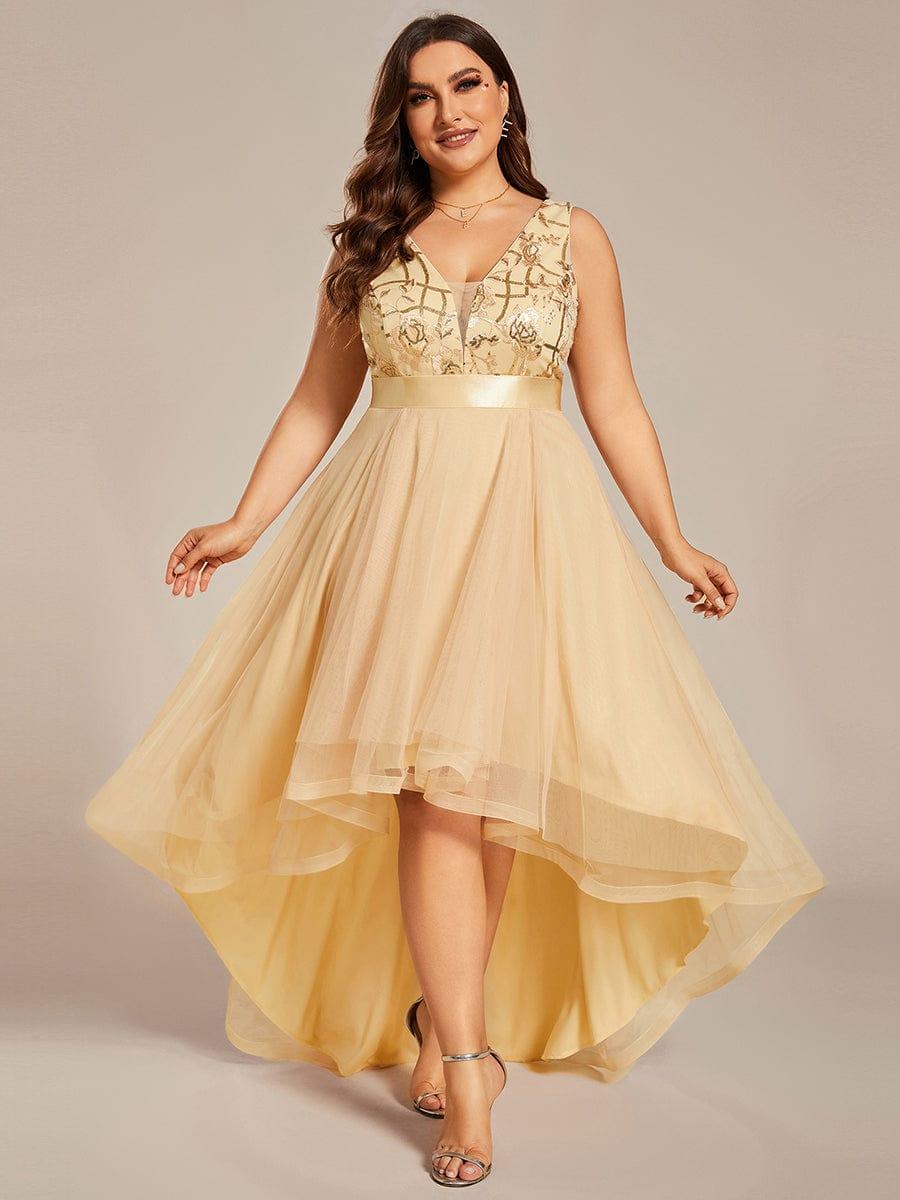 Sparkly Plus Size Hi-Lo Sequin V-Neck Tulle Evening Dresses