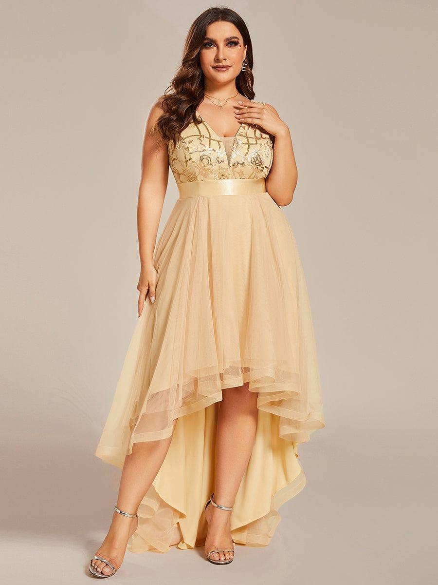 Sparkly Plus Size Hi-Lo Sequin V-Neck Tulle Evening Dresses