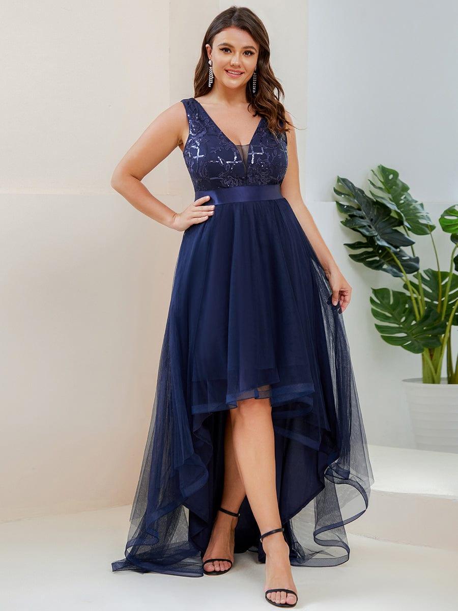 Sparkly Plus Size Hi-Lo Sequin V-Neck Tulle Evening Dresses