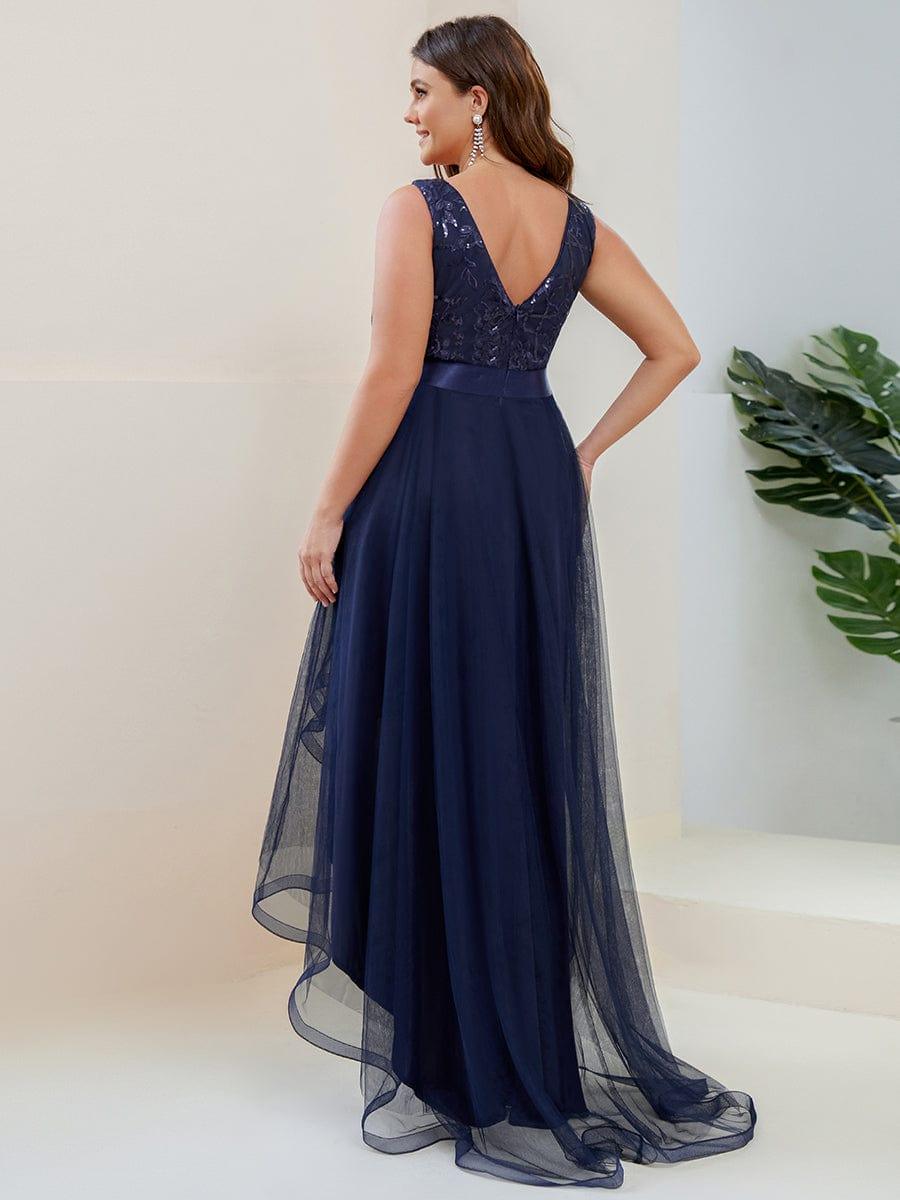 Sparkly Plus Size Hi-Lo Sequin V-Neck Tulle Evening Dresses