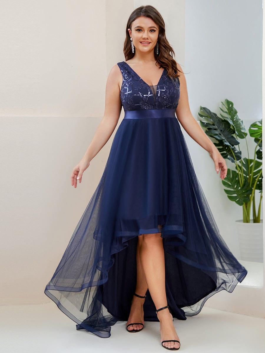 Sparkly Plus Size Hi-Lo Sequin V-Neck Tulle Evening Dresses