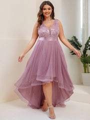 Sparkly Plus Size Hi-Lo Sequin V-Neck Tulle Evening Dresses
