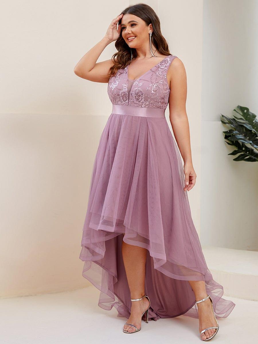 Sparkly Plus Size Hi-Lo Sequin V-Neck Tulle Evening Dresses