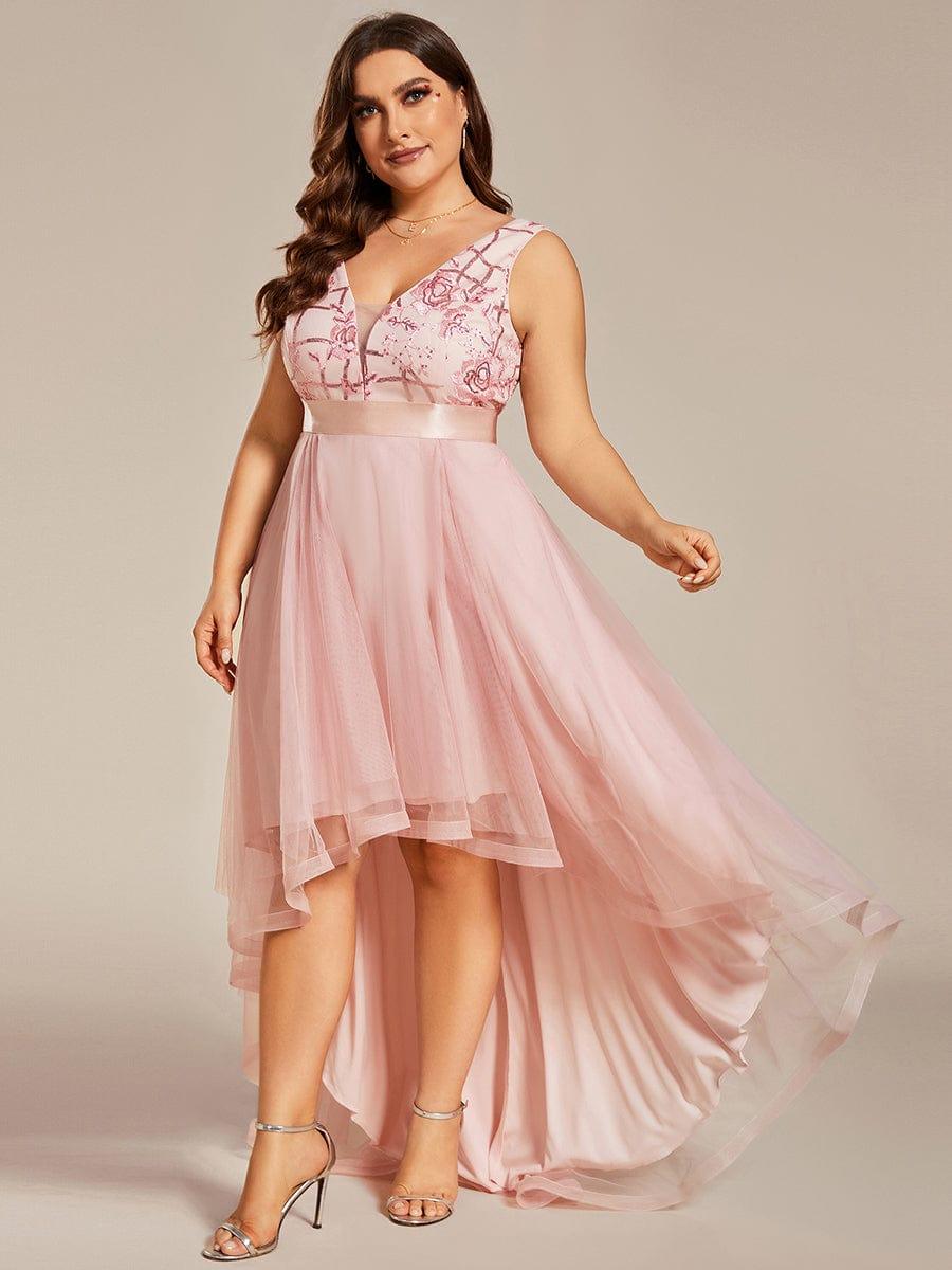 Sparkly Plus Size Hi-Lo Sequin V-Neck Tulle Evening Dresses
