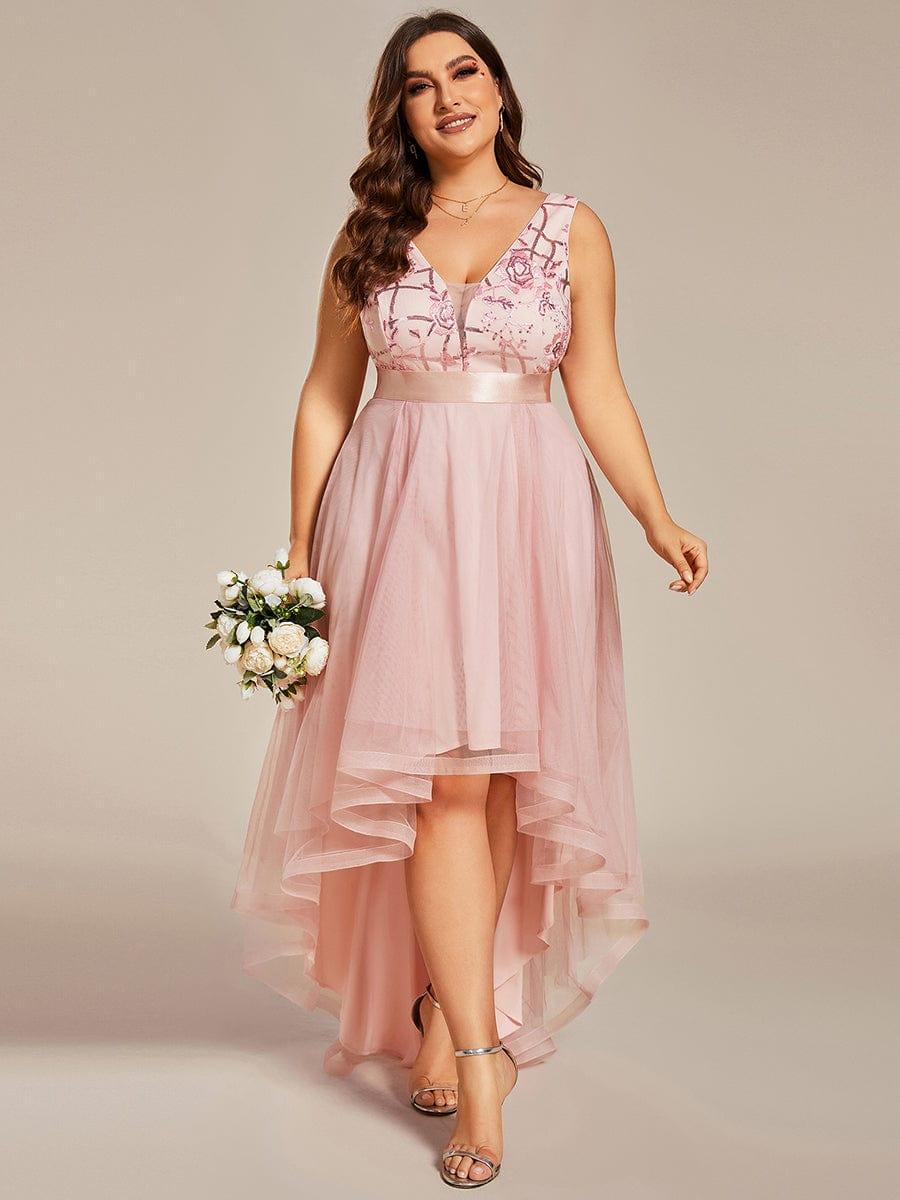 Sparkly Plus Size Hi-Lo Sequin V-Neck Tulle Evening Dresses