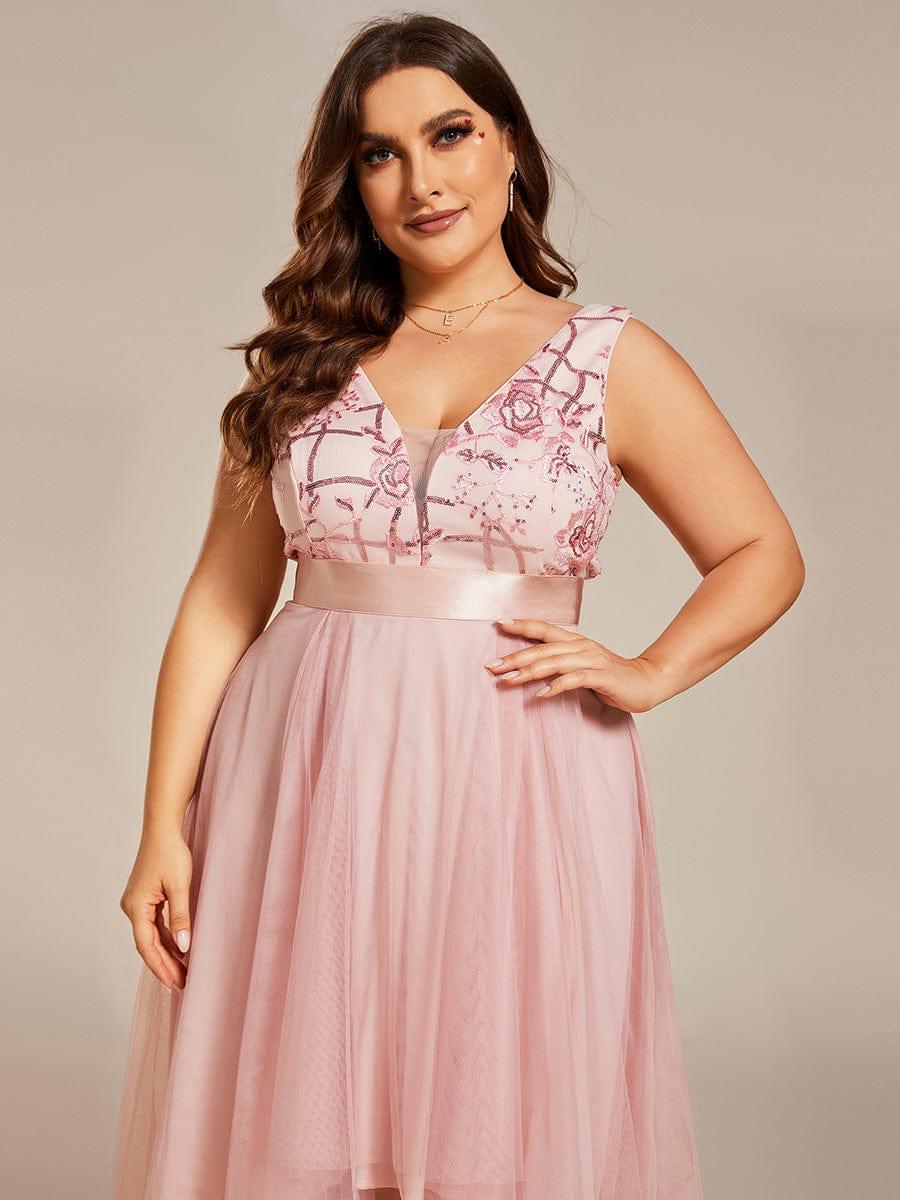 Sparkly Plus Size Hi-Lo Sequin V-Neck Tulle Evening Dresses