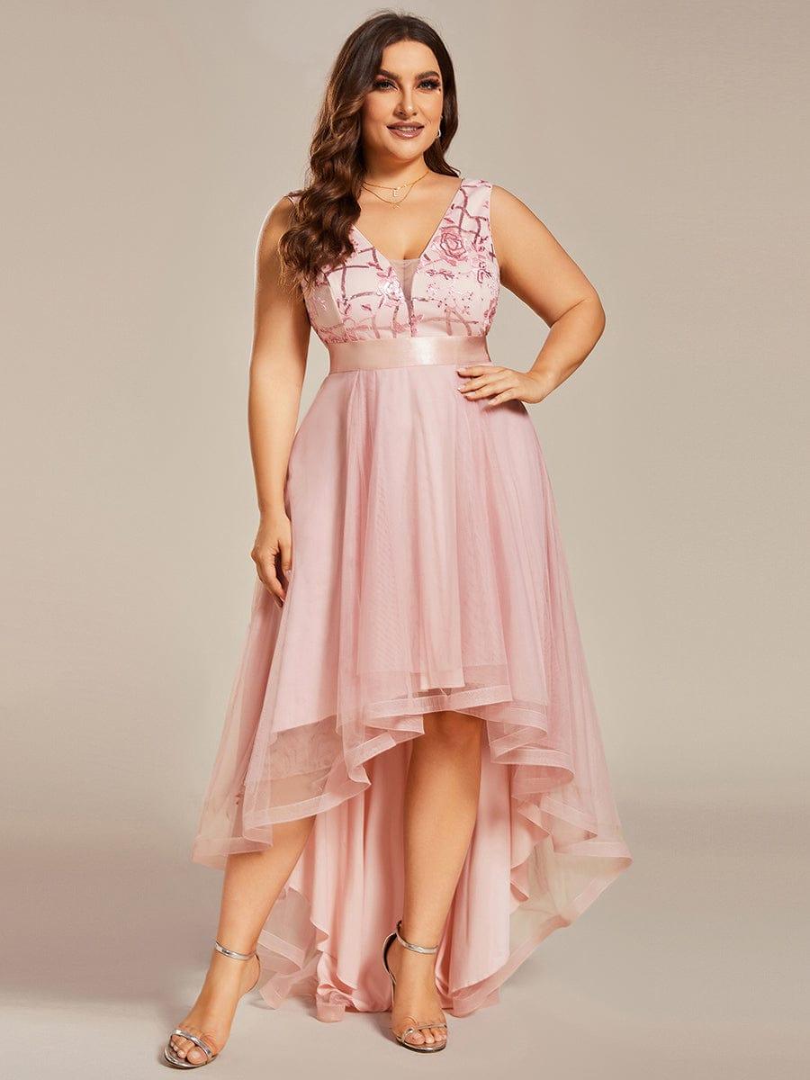 Sparkly Plus Size Hi-Lo Sequin V-Neck Tulle Evening Dresses
