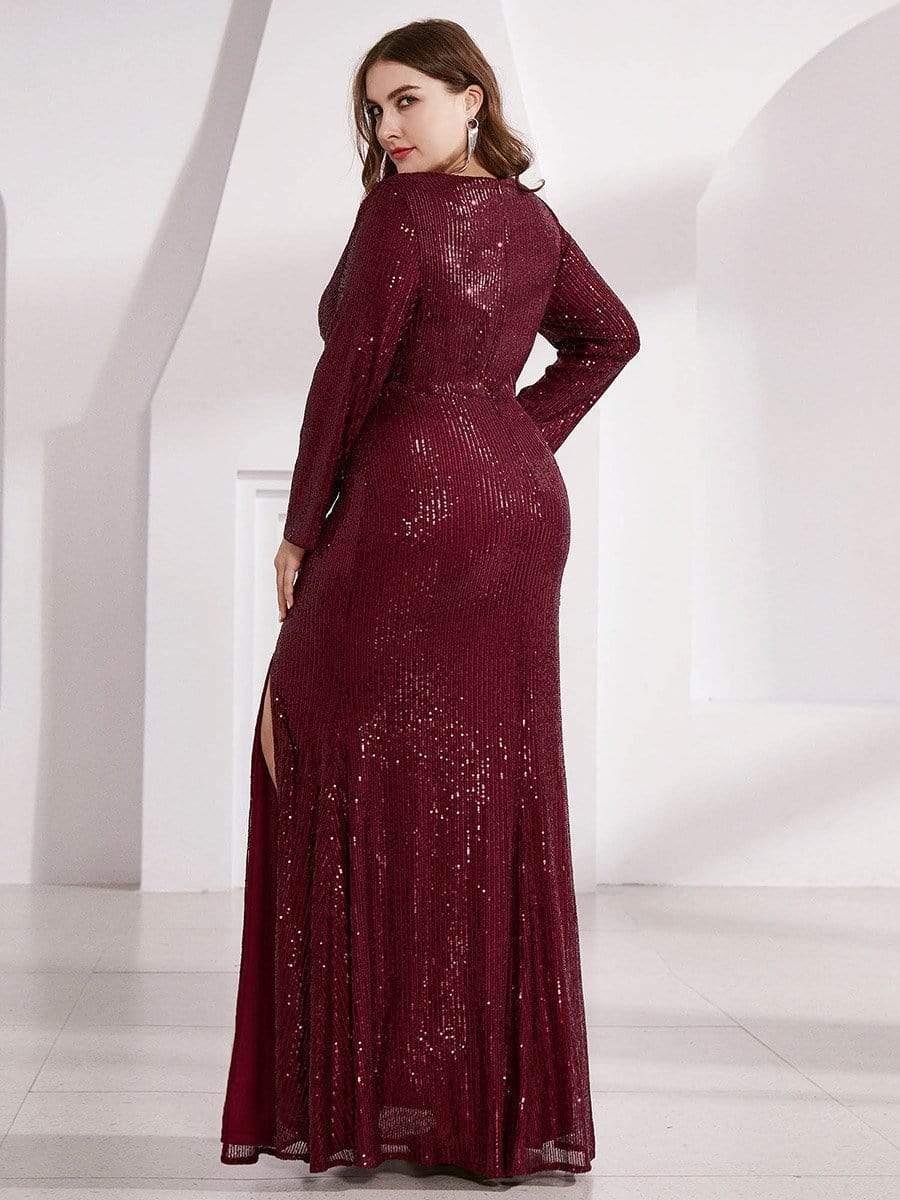 Dreamy Plus Size Deep V-Neck Sequin Formal Evening Gowns with Slit