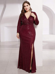 Dreamy Plus Size Deep V-Neck Sequin Formal Evening Gowns with Slit
