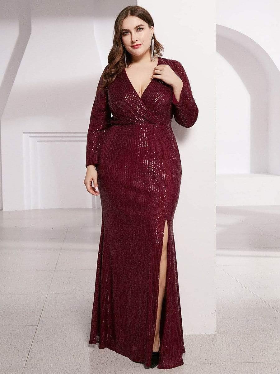 Dreamy Plus Size Deep V-Neck Sequin Formal Evening Gowns with Slit