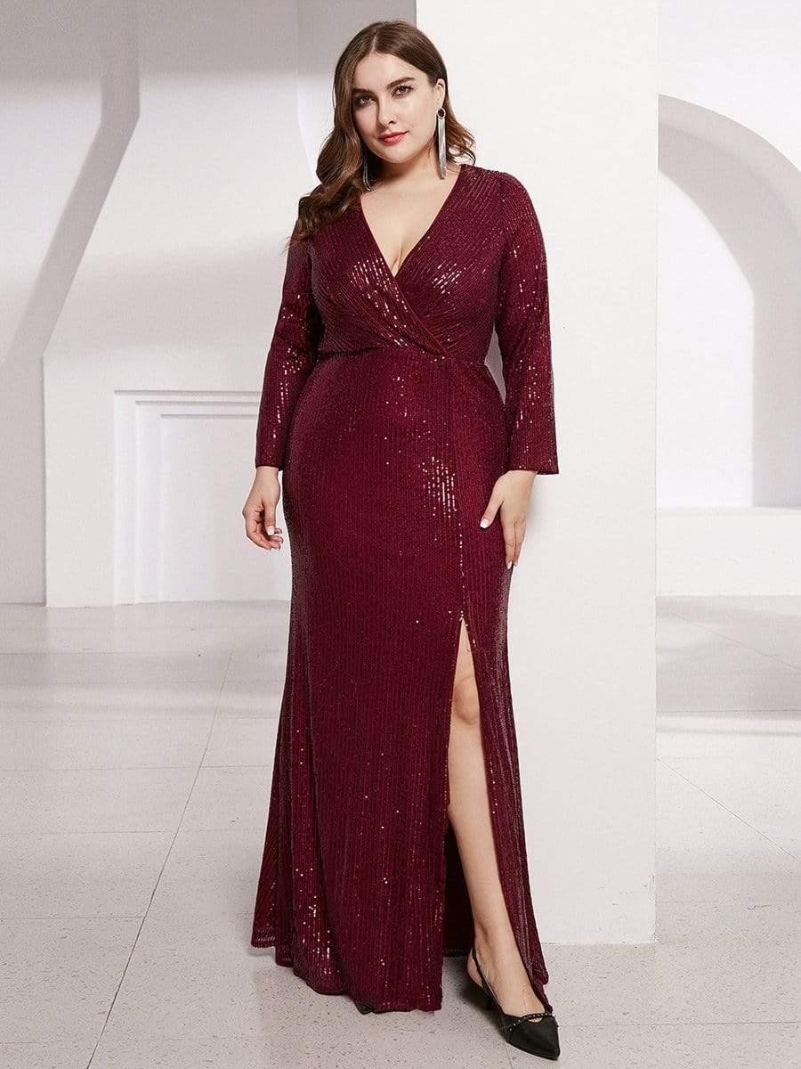 Dreamy Plus Size Deep V-Neck Sequin Formal Evening Gowns with Slit