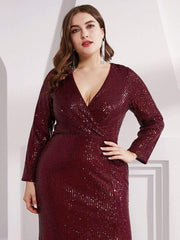 Dreamy Plus Size Deep V-Neck Sequin Formal Evening Gowns with Slit