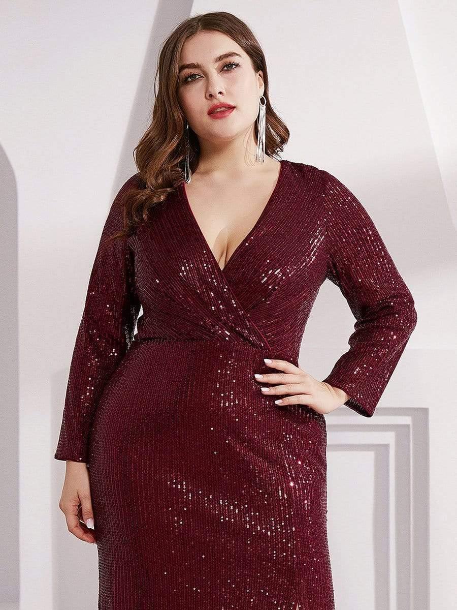 Dreamy Plus Size Deep V-Neck Sequin Formal Evening Gowns with Slit