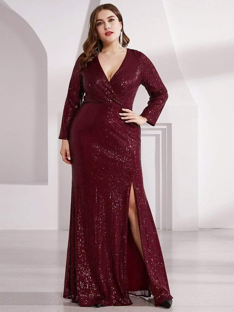 Dreamy Plus Size Deep V-Neck Sequin Formal Evening Gowns with Slit