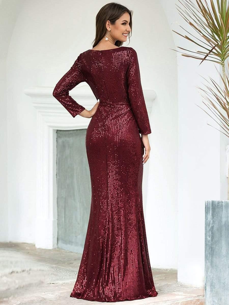 Simple V-Neck Sequin Long Sleeves Mermaid Evening Dress with Slit