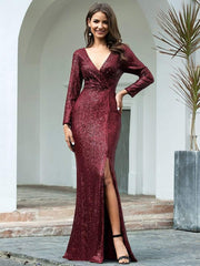Simple V-Neck Sequin Long Sleeves Mermaid Evening Dress with Slit