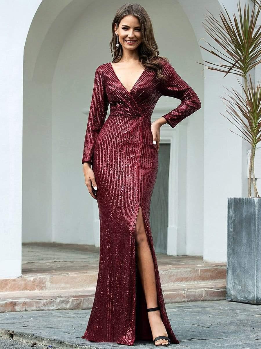 Simple V-Neck Sequin Long Sleeves Mermaid Evening Dress with Slit