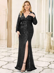 Dreamy Plus Size Deep V-Neck Sequin Formal Evening Gowns with Slit