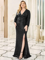 Dreamy Plus Size Deep V-Neck Sequin Formal Evening Gowns with Slit